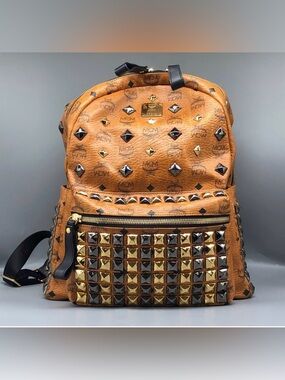 MCM Visetos Studded Tan Backpack Leather Rare Authentic